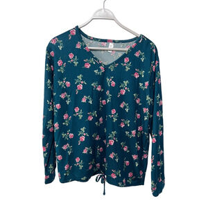 FLORA NIKROOZ WOMENS MEDIUM FLORAL PRINTED SWEATER-KNIT PAJAMA TOP ONLY GREEN